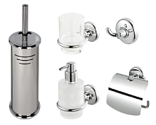 Сет № 1815 915115, Ершик настенный, для унитаза (Chrome) + 915302-02, Стакан настенный, для зубных щеток (Chrome) + 915316-02, Дозатор для ж/мыла, настенный (Chrome) + 915315-02, Крючок двойной (Chrome) + 915308-02, Бумагодержатель с крышкой (Chrome)