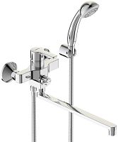 Vidima BA320AA Uno Смеситель для ванны поворотный излив квадратной формы, душевой гарнитур в комплекте (душевая лейка 70 мм, металлический шланг), хром