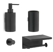 Сет № 1812 10971-B Держатель Boheme Uno для туалетной бумаги, черный  + 10974-B Стакан Boheme Uno для зубных щеток, черный + 10976-B Крючок Boheme Uno, черный + 10977-B Дозатор Boheme Uno для жидкого мыла, черный