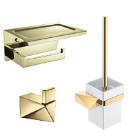 Сет № 1810 10311-G Boheme New Venturo Держатель туалетной бумаги  с полкой Золото+10316-G Boheme New Venturo Крючок для полотенец, Gold+10319-G Boheme New Venturo Ерш для унитаза настенный, Gold