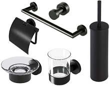 Сет № 1820 916502-06, Стакан для зубных щеток настенный (Black)+ 916503-06, Мыльница настенная (Black) + 916506-06, Поручень + 916508-06, Держатель туалетной бумаги (Black) + 916511-66, Ершик для унитаза (Black) + 916513-06, Крючок (Black)