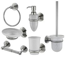 Сет № 1835 K-7022, Держатель туалетной бумаги (Crome) + K-7027, Ершик настенный, для унитаза (Nickel matt) + K-7028, Стакан для зубных щеток (Nickel matt) + K-7029, Мыльница (Crome) + K-7060, Полотенцедержатель кольцо (Nickel matt) + K-7099, Дозатор (Nick