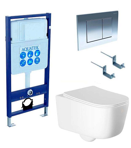 Aquatek SET Лугано 4 в 1 Комплект: рама Standard INS-0000012 + крепеж KKI-0000002 + клавиша KDI-0000010 + унитаз AQ2002-00 с тонким сиденьем Soft-close, белый