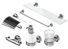 Сет № 1823 917301-02-60, Полка стеклянная (Chrome) + 917302-02, Стакан настенный, для зубных щеток (Chrome) + 917307-02-60, Полотенцедержатель (Chrome) + 917308-02-R, Бумагодержатель правый, с крышкой (Chrome) + 917315-02, Крючок двойной (Chrome) + 917316