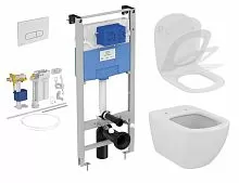 Ideal Standard R029901 Prosys Tesi AquaBlade® Комплект 5 в 1: подвесной унитаз T007901 + крышка-сиденье T352701 + инсталляция для монтажа R020467 + клавиша смыва Oleas M1 R0117AA + сливная арматура SmartFlush R018667, Euro White (евробелый)