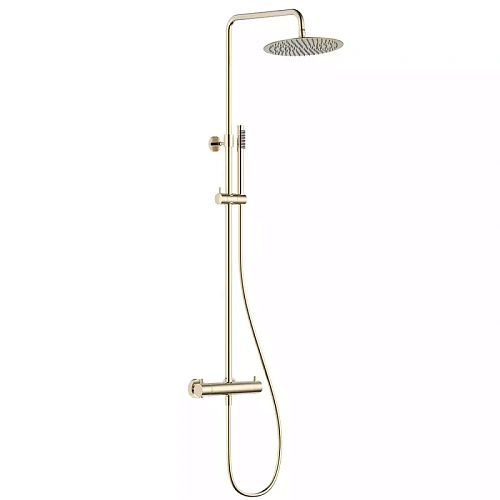Aquame AQM8006BG Душевая система с термостатом, D250, 1 режим, латунная лейка, верхний душ - сталь, Brushed gold (шлифованное золото)