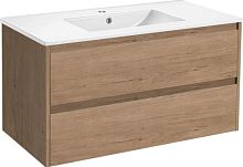 Сет 1762 VMC-2G100NO_База под раковину Gio 100 подвесная, 2 выкатных ящика soft-close, N.Oak+VBS-13100_Раковина керамическая, цвет белый+3503, Смеситель для раковины