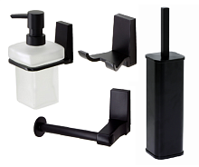 Сет № 1843 K-1117BLACK, Ершик напольный, для унитаза (Black) + K-3223D, Крючок двойной + K-3296, Держатель туалетной бумаги (Black Matt) + K-3299, Дозатор для ж/мыла, настенный (Black Matt)