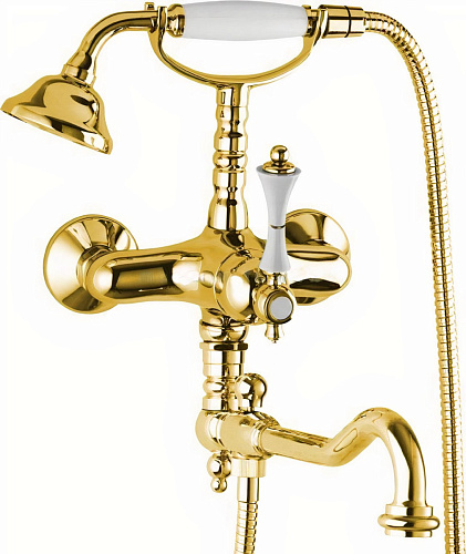 Cezares MARGOT-VDFM2-03/24-Bi/A Смеситель для ванны, с ручным душем и поворотным изливом, золото 24 карат/ручки белые металл