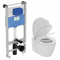 Ideal Standard E211601 Prosys Connect AquaBlade® Комплект 3 в 1: подвесной унитаз E047901 + тонкая крышка-сиденье E772401 с функцией плавного закрытия + инсталляция для монтажа Prosys Frame 120 M R020467, Euro White (евробелый)