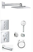 Сет №1507 26479000, Верхний душ + 29124000, Термостат  + 29127000, Переключатель на 3 положения, внешняя часть + 35600000, Встраиваемый механизм + 28626000, Подключение шланга  + 27056000, Держатель для душа настенный + 28578002,