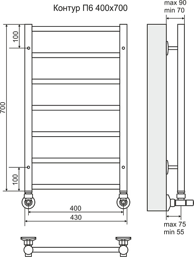 Terminus Контур Контур П6 400х700 электрический KTX 300W (скрытый) Полотенцесушитель электрический купить недорого в интернет-магазине Сквирел